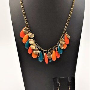 Paparazzi Necklace set Womans Gun metal colored w/ oranges and blue dangles 18"